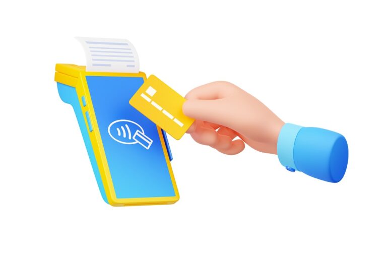 3d render hand pay with card via pos terminal